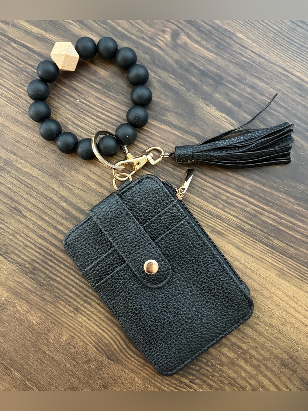 Black Faux Leather Wristlet Keyring Wallet Card Holder Keychain ID Window